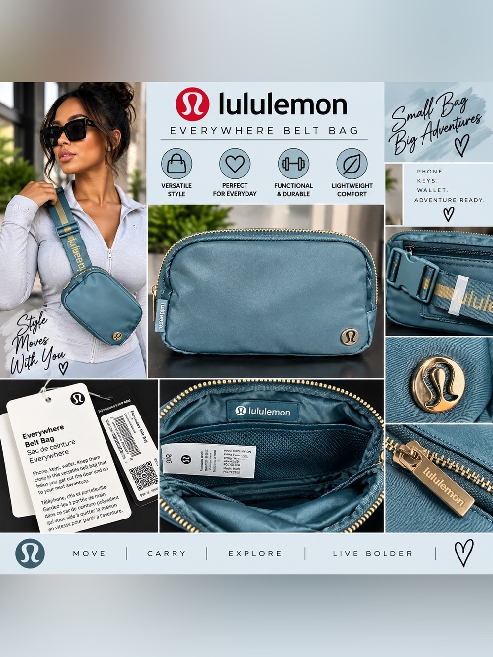 lululemon athletica Everywhere Belt Bag — teal with gold accents